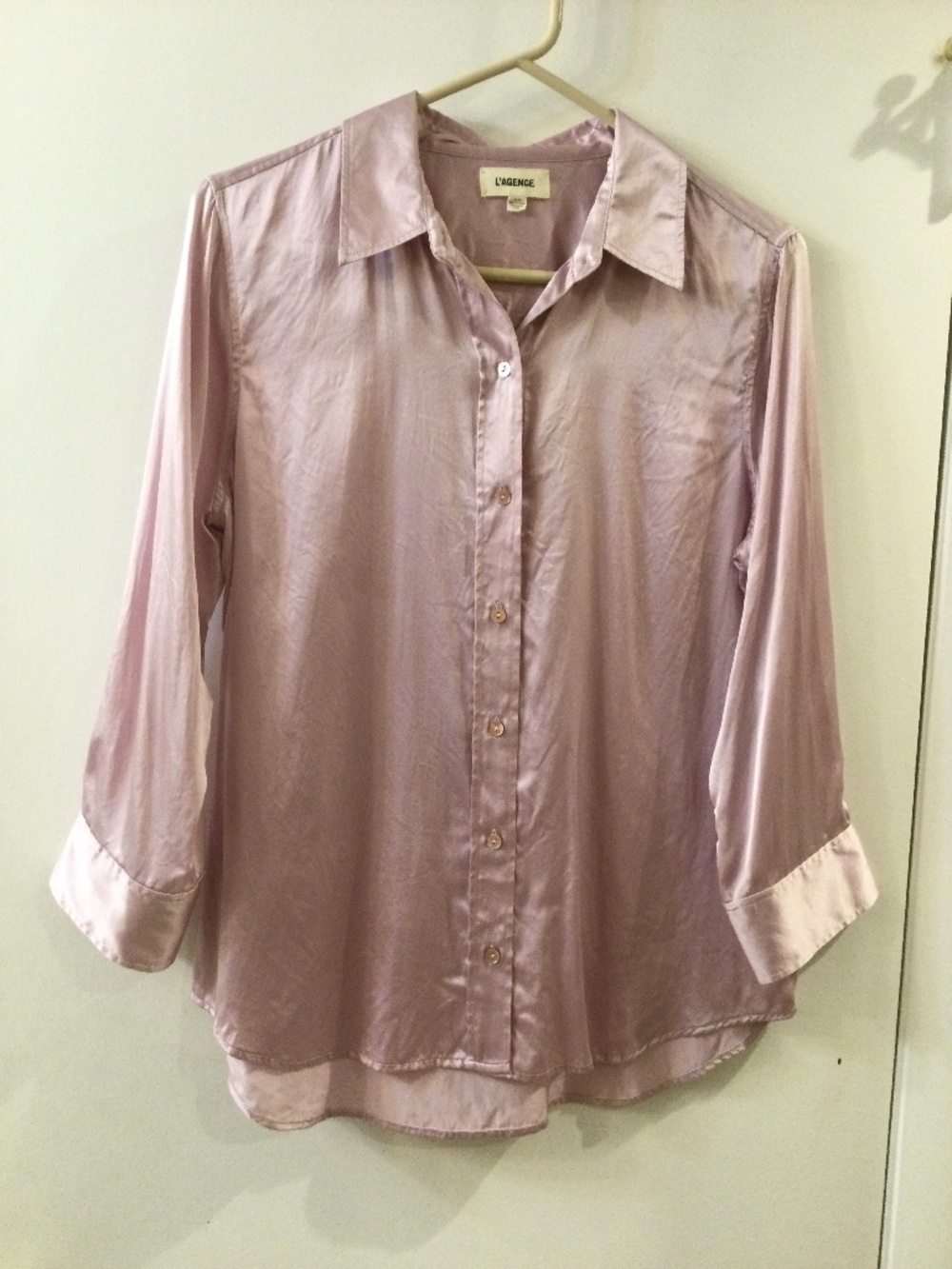 L’AGENCE Dani 100% Silk Button Down Blouse Shirt 3/4 Sleeve Pale Rose Size M